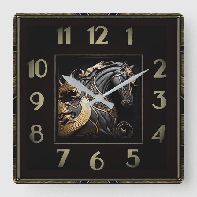 Art Deco  Black and Gold Horse Square Wall Clock (Front)
