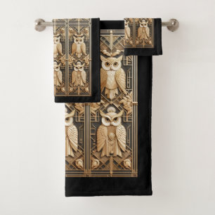Art Deco Black and Gold Owl Bath Towel Set