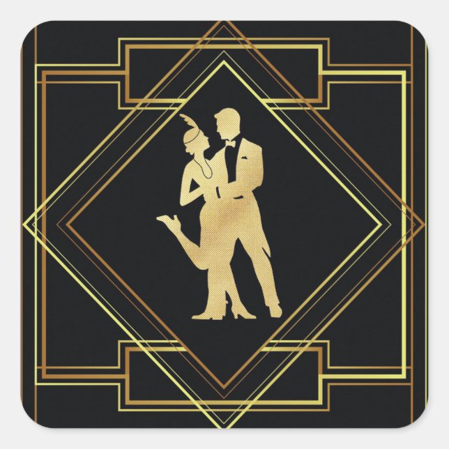 Art Deco black and gold roaring twenties flapper Square Sticker (Front)