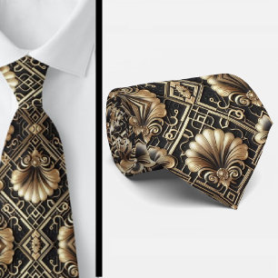 Art Deco Black and Gold Seashell Pattern Neck Tie
