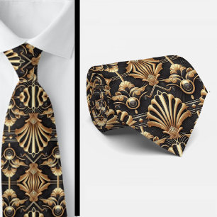 Art Deco Black and Gold Seashell Pattern Neck Tie