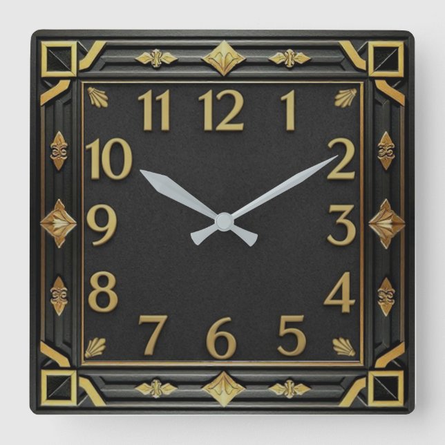 Art Deco Black and gold Square Wall Clock (Front)
