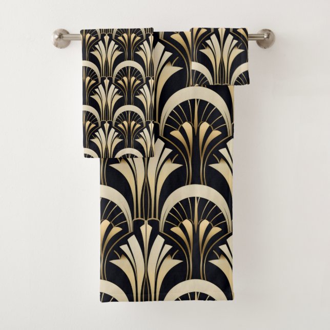 Art Deco Black and Gold symmetrical Bath Towel Set (Insitu)