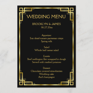 Art Deco Black And Gold Wedding Menu Flat Cards