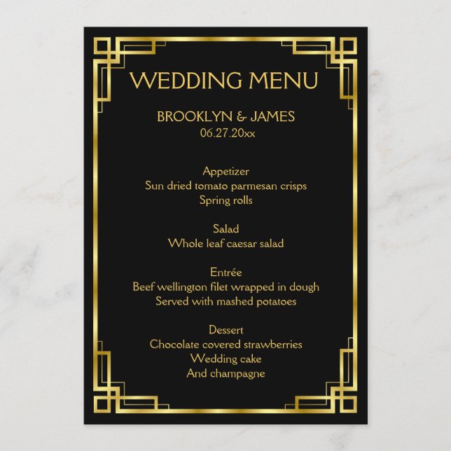 Art Deco Black And Gold Wedding Menu Flat Cards (Front)