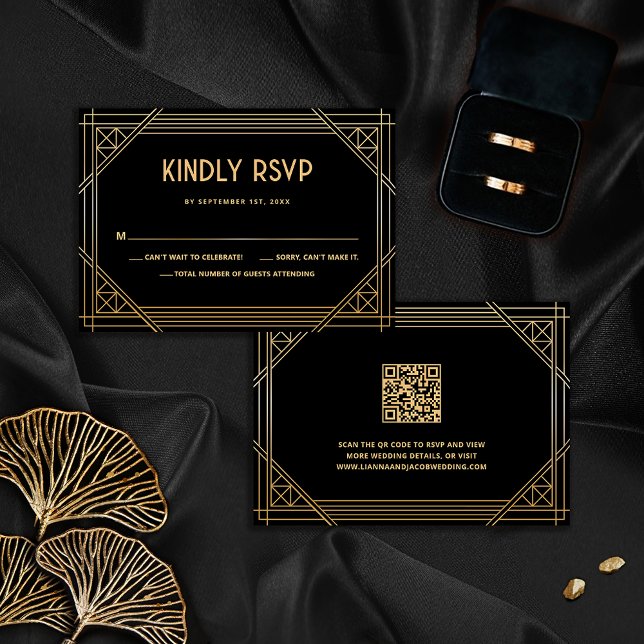 Art Deco Black and Gold Wedding QR Code RSVP Card (Creator Uploaded)