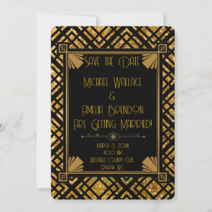 Art Deco Black and Gold Wedding Save the Date Card