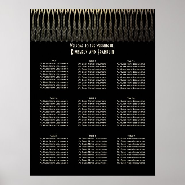 Art Deco Black and Gold Wedding Seating Chart (Front)