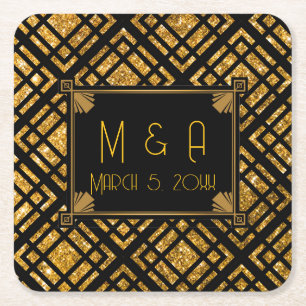 Art Deco Black and Gold Wedding Square Coaster
