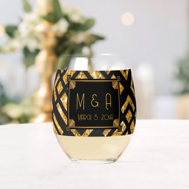 Art Deco Black and Gold Wedding Wine Glass (Insitu (Wedding))