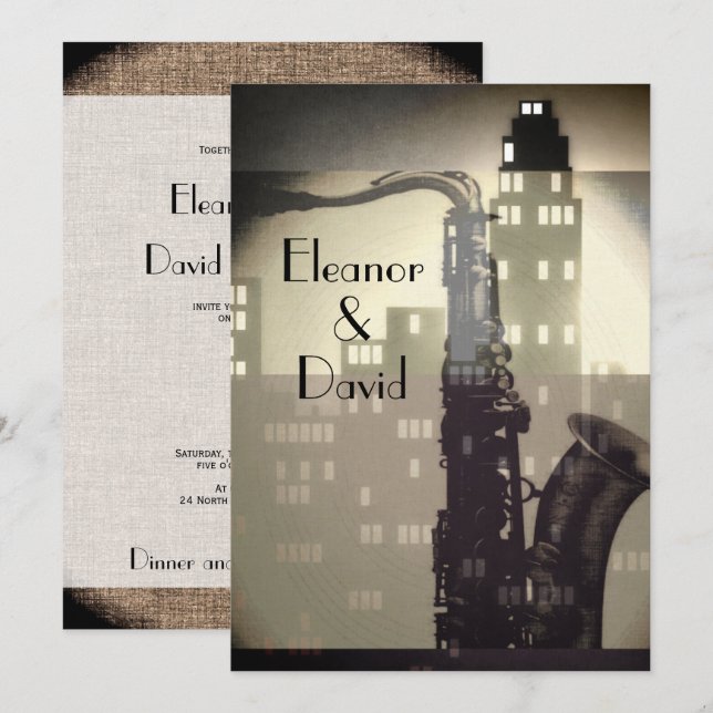 Art Deco black and white skyline glamour wedding Invitation (Front/Back)