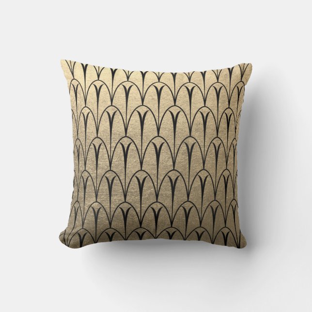 Art Deco Black Champaigne Gold Geometry Scales Throw Pillow (Front)