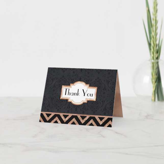 Art Déco Black et Rose Gold Look Carte de remercie (Devant)