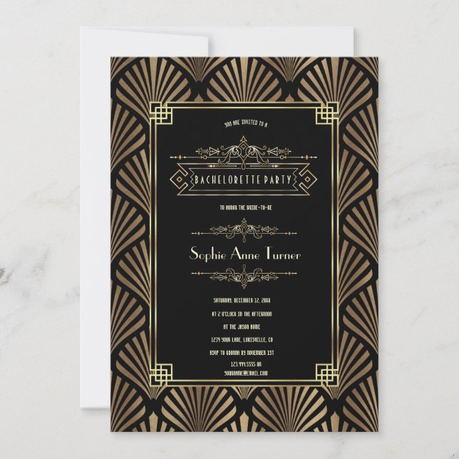 Art Deco Black Gatsby 1920s Bachelorette Party Invitation (Front)