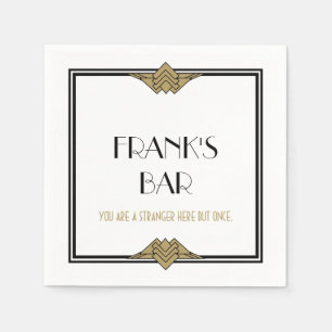 Art Deco Black Gold Bar Name Napkins