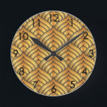Art Deco black & gold broad leaf scale pine cone Round Clock<br><div class="desc">Art Deco black & gold broad leaf scale pine cone</div>