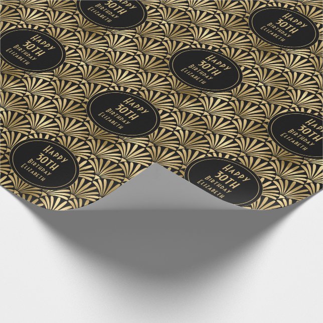 Art Deco Black & Gold Custom Happy 30th Birthday   Wrapping Paper (Corner)