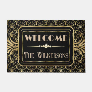 Art Deco BLack & Gold Custom Name Doormat