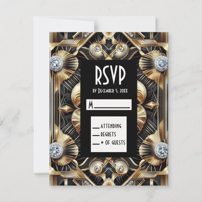 Art Deco Black & Gold Diamond RSVP Cards (Front)