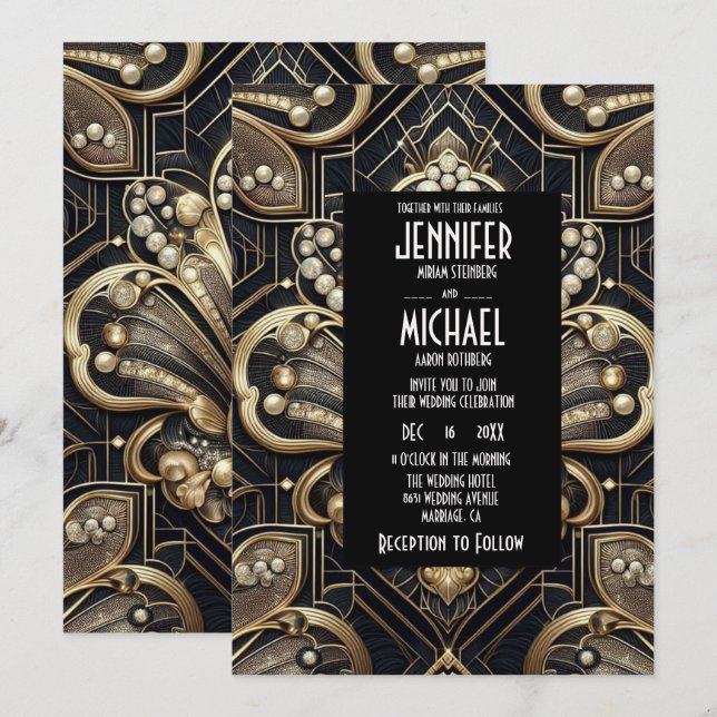 Art Deco Black & Gold Diamond Wedding Invitations (Front/Back)