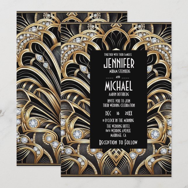 Art Deco Black & Gold Diamond Wedding Invitations (Front/Back)