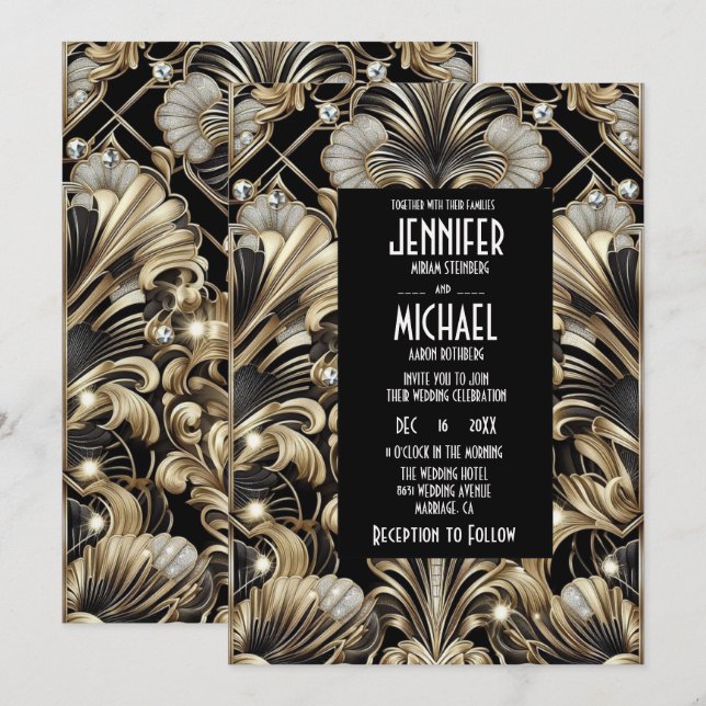 Art Deco Black & Gold Diamond Wedding Invitations (Front/Back)