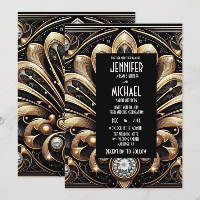 Art Deco Black & Gold Diamond Wedding Invitations (Front/Back)