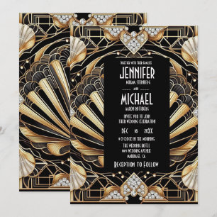 Art Deco Black & Gold Diamond Wedding Invitations