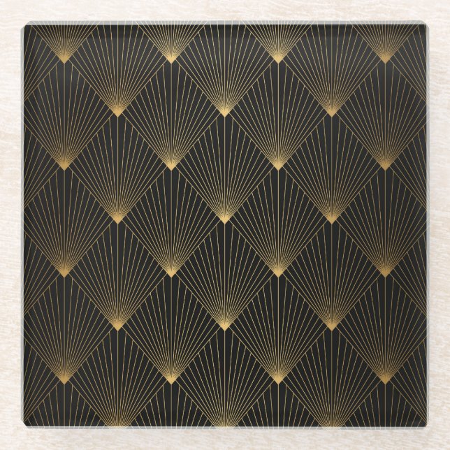 Art Deco: Black Gold Elegance. Glass Coaster (Front)