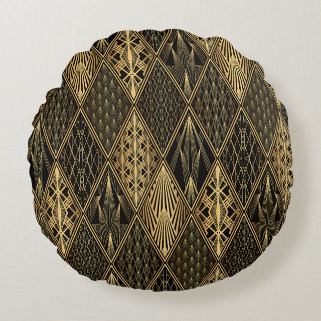Art Deco Black Gold Elegance Round Pillow (Front)
