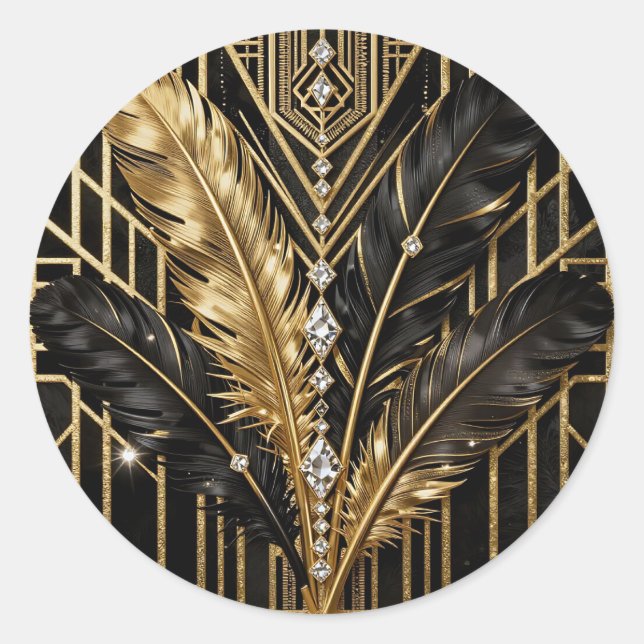 Art Deco Black Gold Feathers Classic Round Sticker (Front)