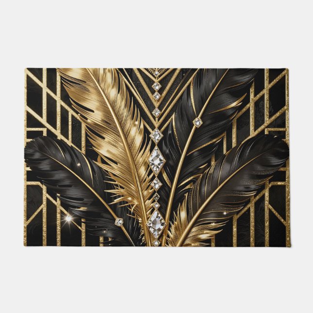 Art Deco Black Gold Feathers Doormat (Front)