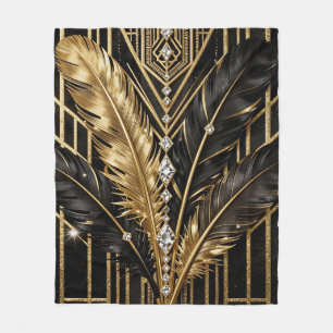 Art Deco Black Gold Feathers Fleece Blanket