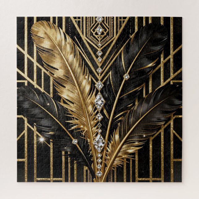 Art Deco Black Gold Feathers Jigsaw Puzzle (Vertical)