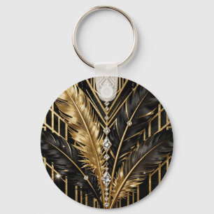 Art Deco Black Gold Feathers Keychain