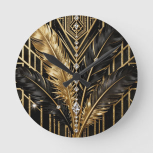 Art Deco Black Gold Feathers Round Clock