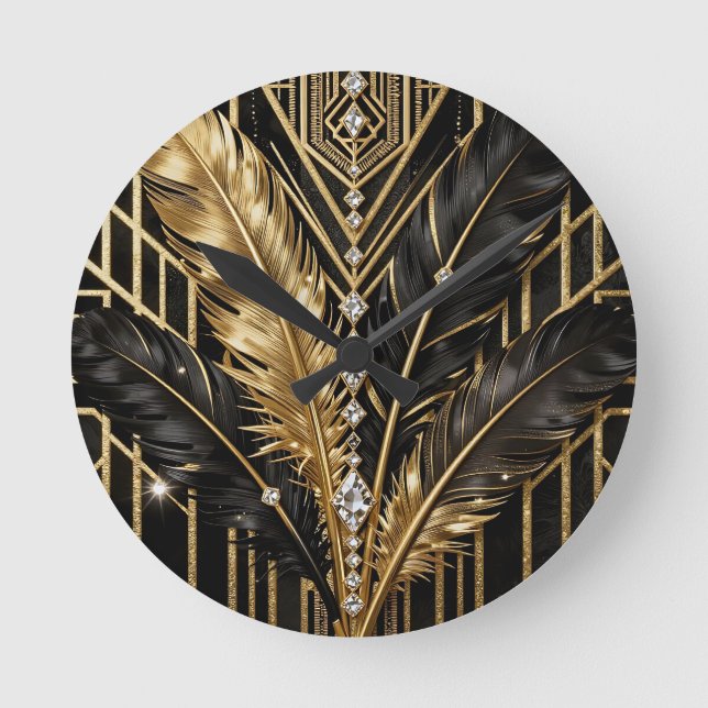 Art Deco Black Gold Feathers Round Clock (Front)