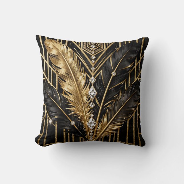 Art Deco Black Gold Feathers Throw Pillow (Front)