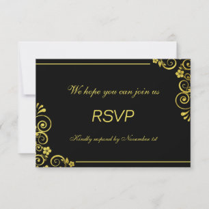 Art Deco Black gold Floral Swirls Wedding RSVP Card