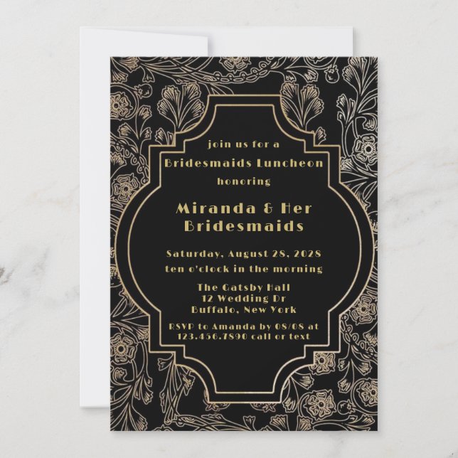 Art Deco Black Gold Flower Bridesmaids Luncheon Invitation (Front)