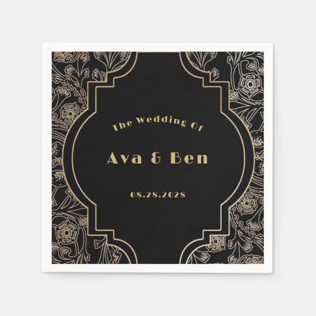 Art Deco Black Gold Flowers Wedding Napkin (Front)