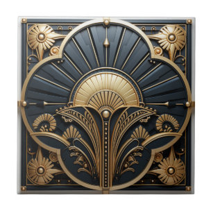 Art Deco Black Gold Geometric Fan Tile