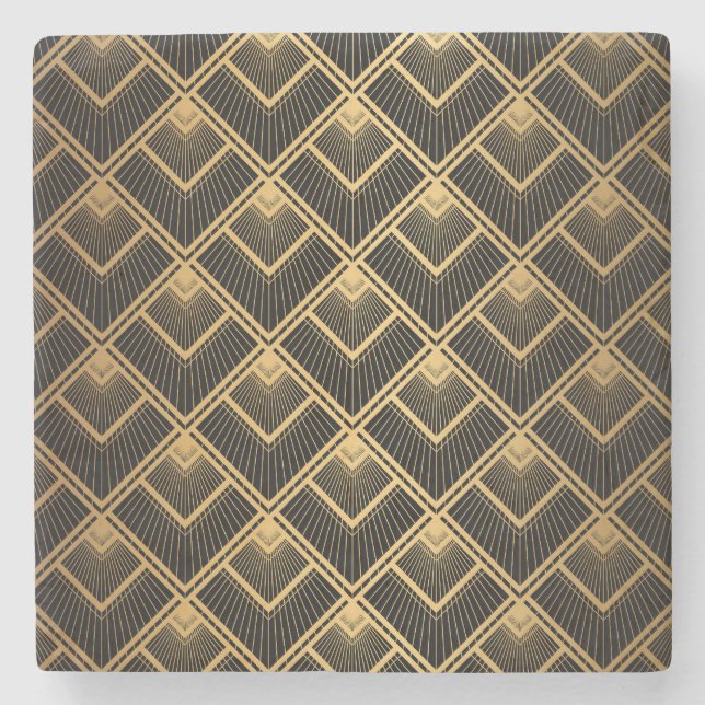 Art Deco Black Gold: Geometric Stone Coaster (Front)