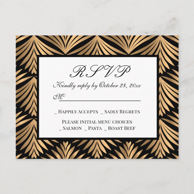 Art Déco Black Gold Great Gatsby Wedding Carte RSV (Devant)