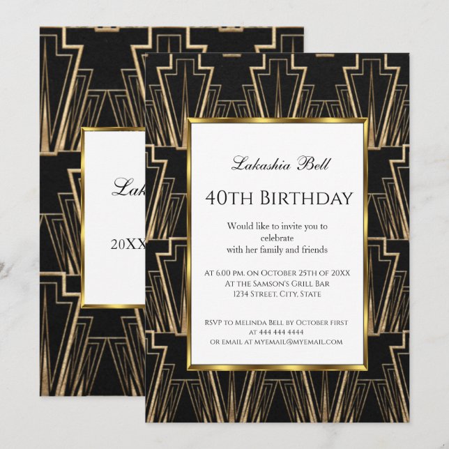Art Déco Black Gold Invitation de fête d'anniversa (Devant / Derrière)
