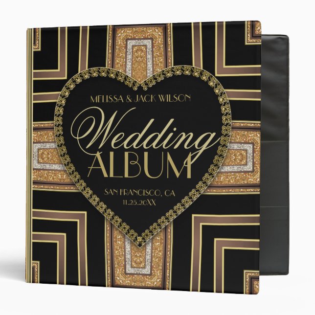 Art Deco Black Gold Love Heart Wedding Album Binder (Front/Inside)
