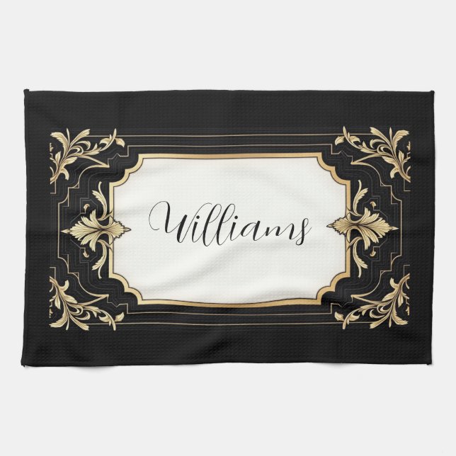 Art Deco Black & Gold Ornate Frame  Kitchen Towel (Horizontal)