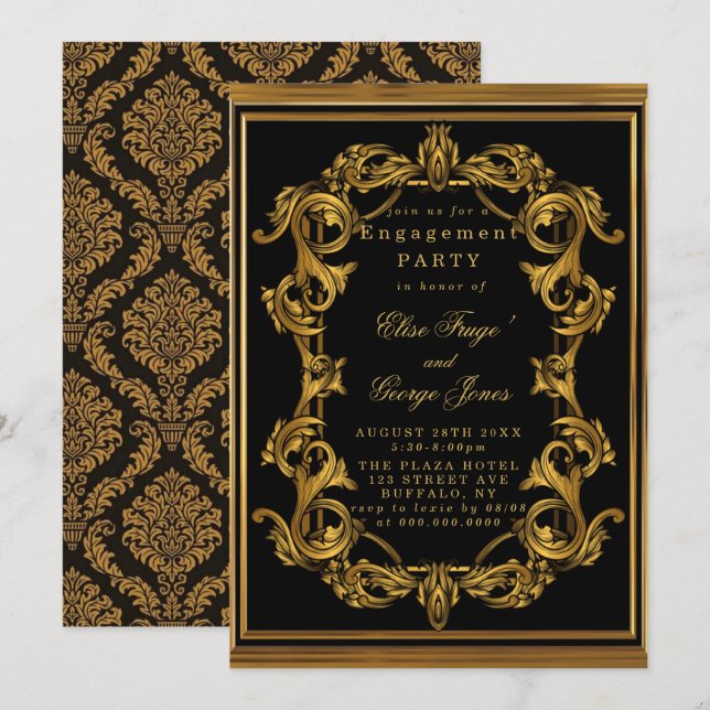 Art Deco Black Gold Royal Engagement Party Invitation (Front/Back)
