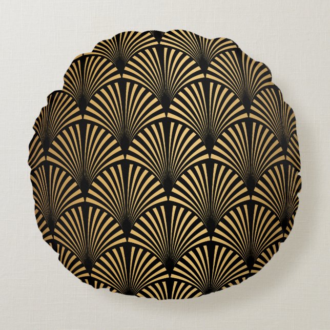 Art Deco: Black Gold Scales. Round Pillow (Front)