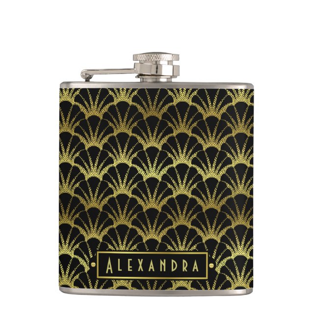 Art Deco Black Gold Scallop Shells Fan Custom Name Hip Flask (Front)
